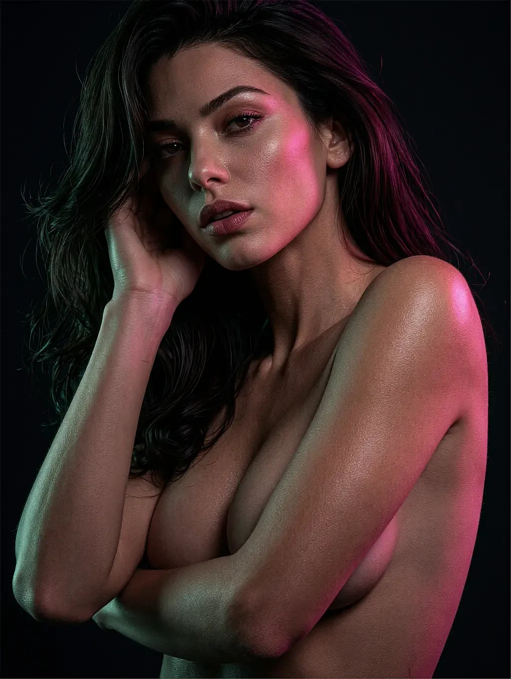 Fictional AI character nude with arms crossed over her chest, lit red and blue