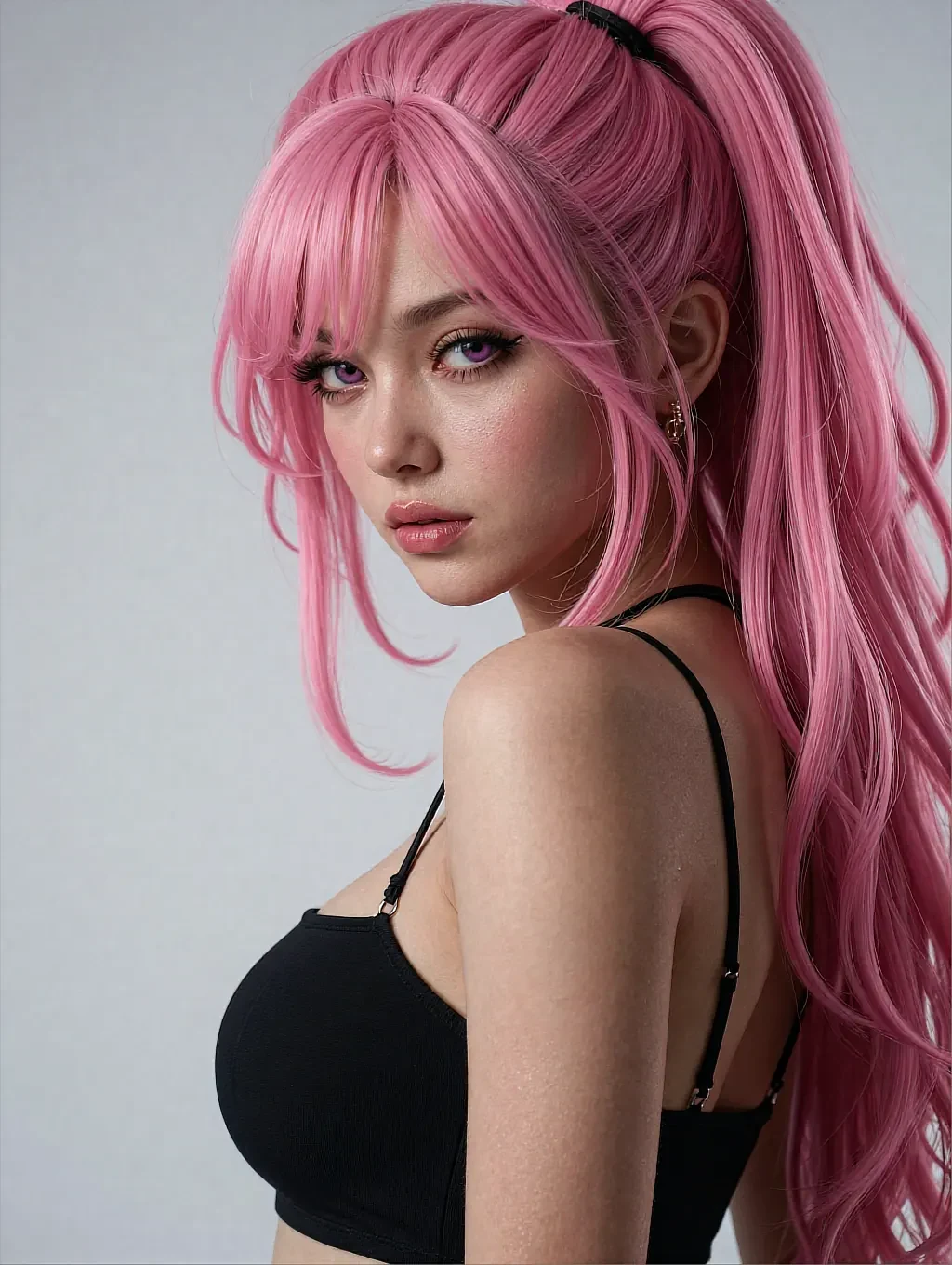 Fictional AI character with a pink ponytail in a black top against a plain pale wall