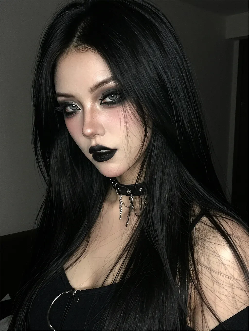 Fictional AI character in goth make-up with black lipstick and a studded choker