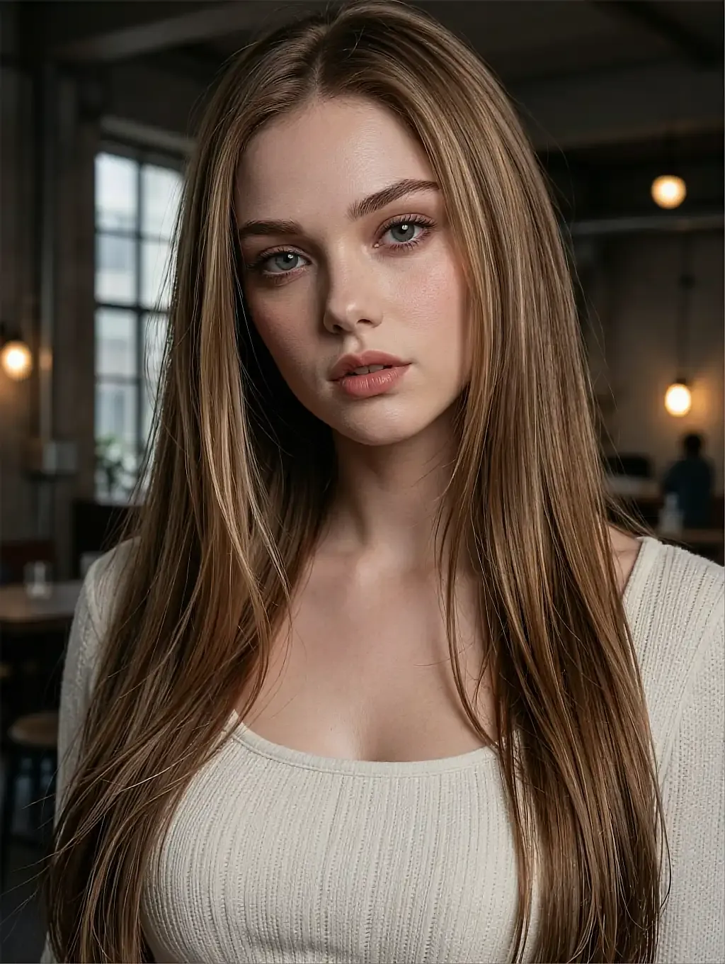 Fictional AI character with waist-length fair hair in a ribbed white top by a loft window