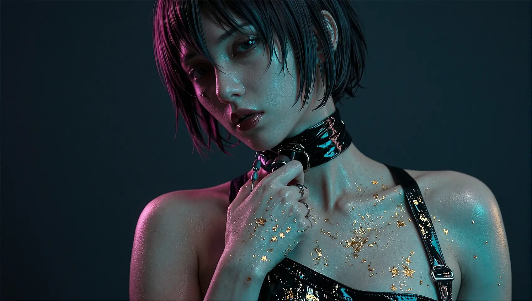 Fictional AI character in dark latex, half-lit in cold blue against a black room