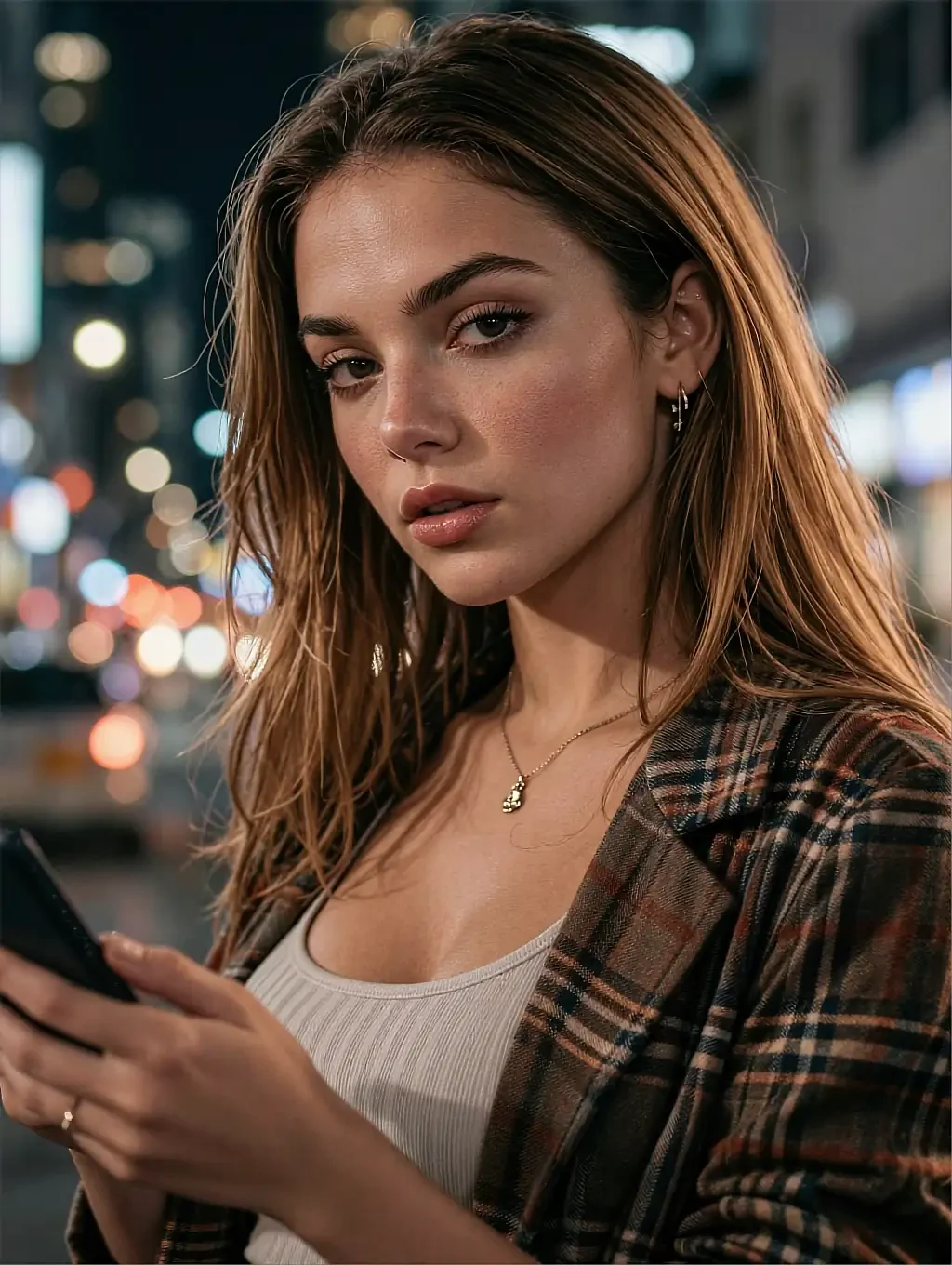 Fictional AI character in a plaid coat on a night street, phone in hand