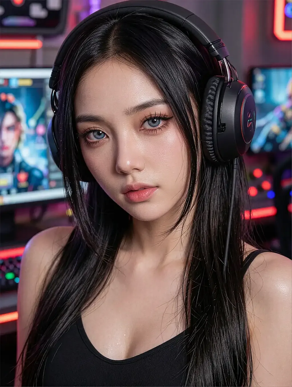 Fictional AI character in a gaming headset, face lit by monitor glow