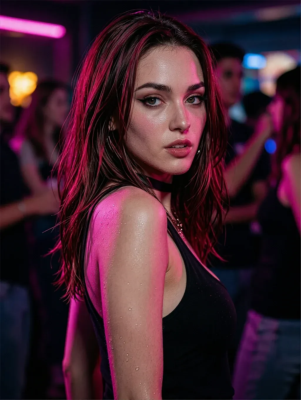 Fictional AI character with magenta-lit hair in a crowded bar, faces blurred behind her