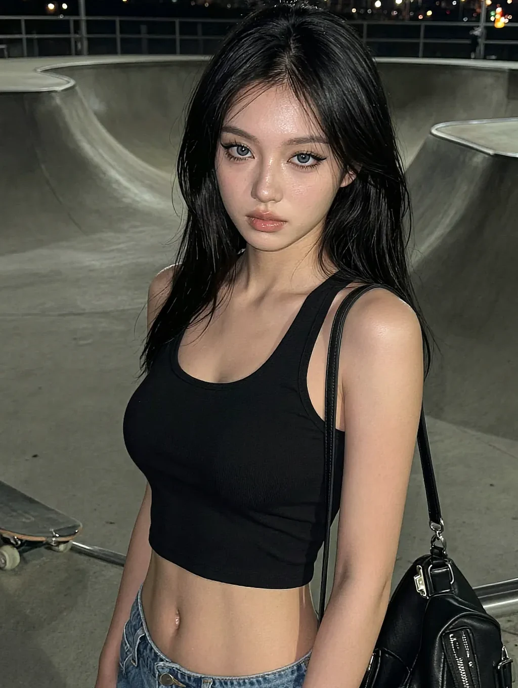 Fictional AI character in a black crop top standing in an empty skate park