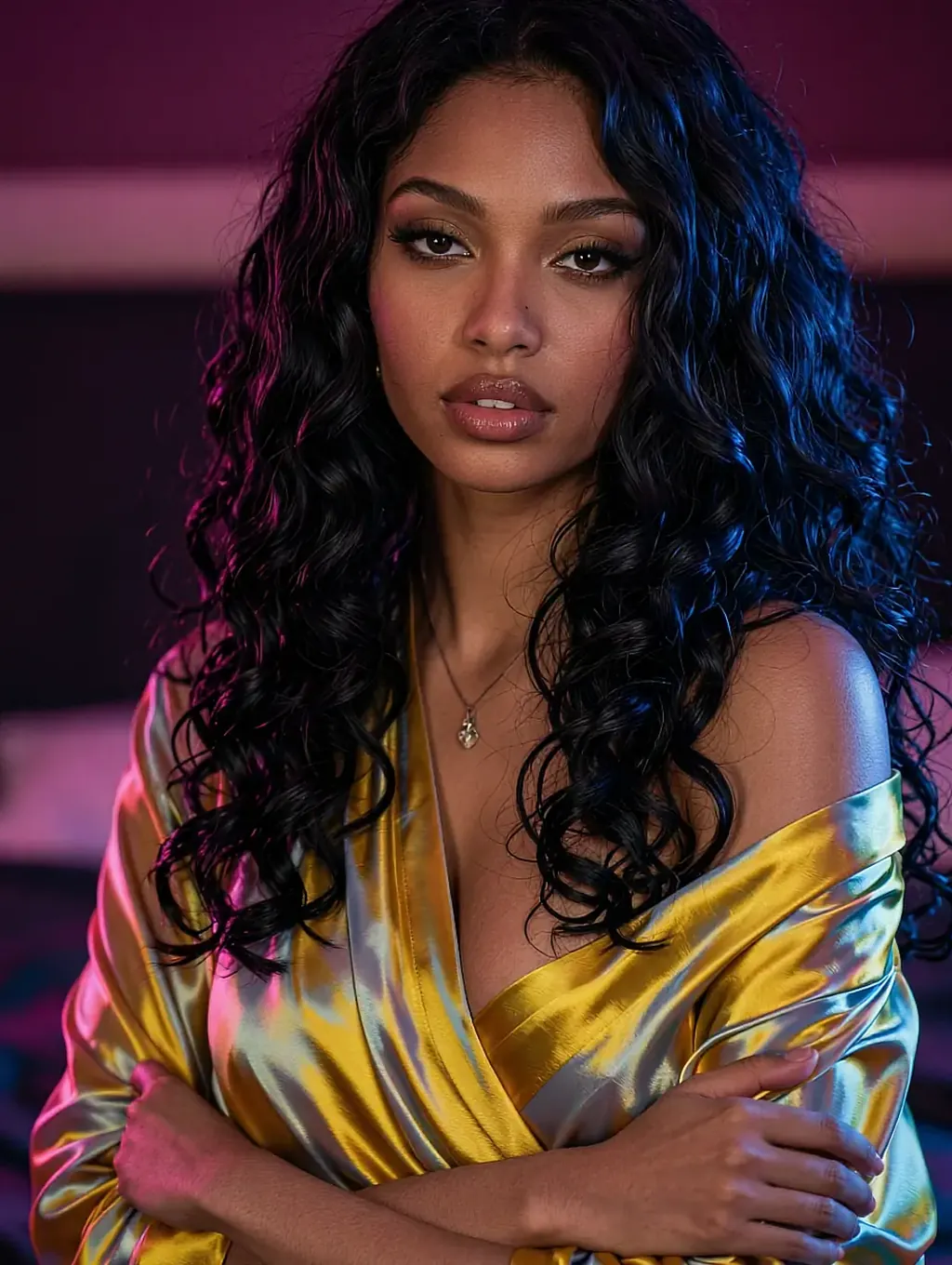Fictional AI character with dark curls in a yellow-and-blue silk wrap
